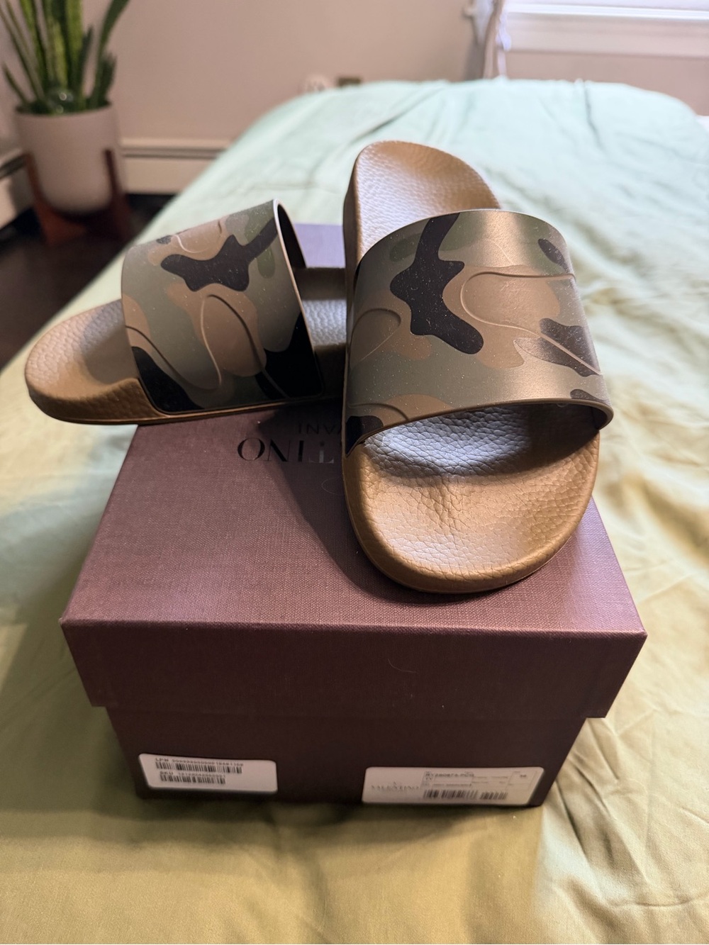 Valentino Camo Leather Slide Sandals in Green and Brown